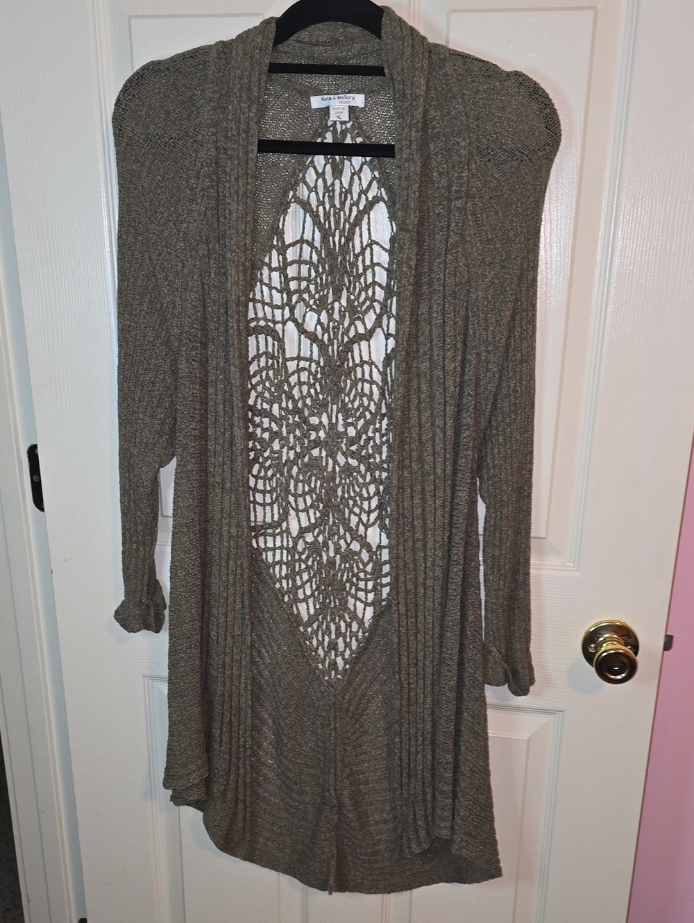 Kate & Mallory Olive Brown Open-Front Crochet-Back Cardigan